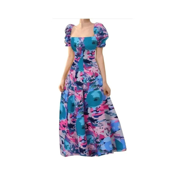 ZANZEA Women's Summer Maxi Dress Square Neck Short Sleeve Waist Split Print Hem - Picture 1 of 13